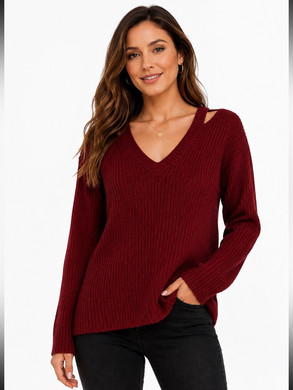 Lida Collection Red V-Neck High-Low Ribbed Knit Sweater - Size M
